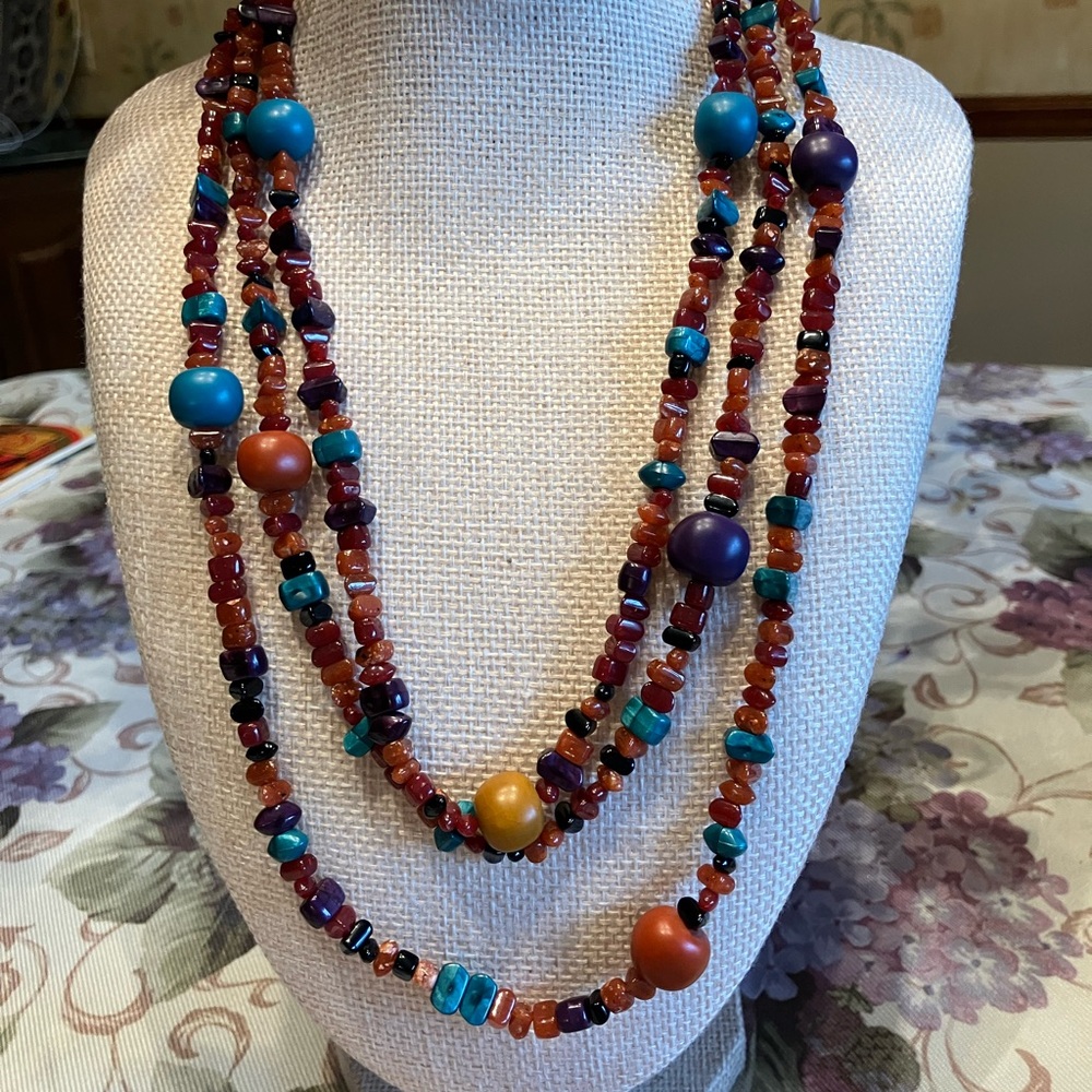 HAND CRAFTED AUTUMN HARVEST DESIGN. WOOD, FAUX STONE, GLASS NECKLACE 60”